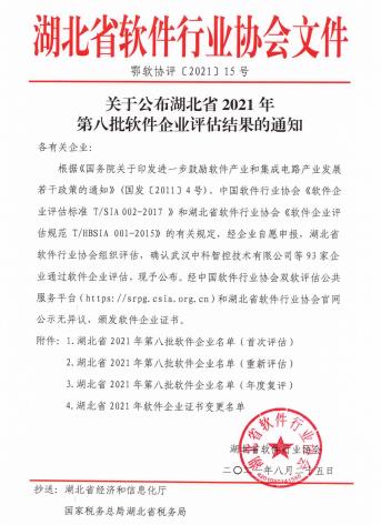 湖北省2021年第八批软件企业评估结果公布